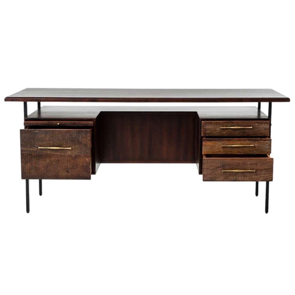 With one file drawer and three storage drawers open, Crate & Barrel Sedgwick Solid Acacia Wood Desk with Storage displays its organized storage layout