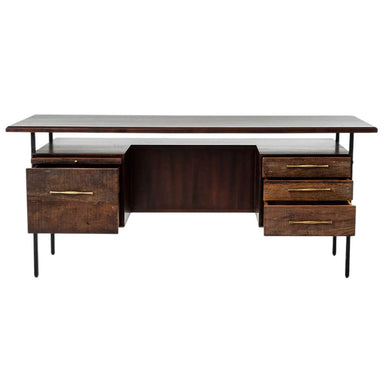 With one file drawer and three storage drawers open, Crate & Barrel Sedgwick Solid Acacia Wood Desk with Storage displays its organized storage layout