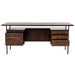 With one file drawer and three storage drawers open, Crate & Barrel Sedgwick Solid Acacia Wood Desk with Storage displays its organized storage layout