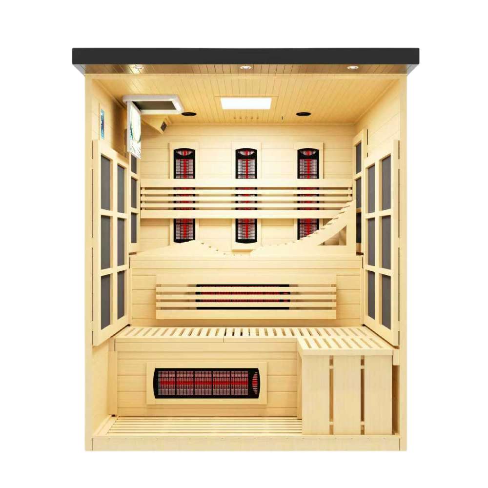 With the front wall removed, Golden Designs 6 Person Full Spectrum Near Zero EMF Far IR Sauna Black Edition reveals light hemlock benches, wall heaters and ceiling lights