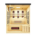 With the front wall removed, Golden Designs 6 Person Full Spectrum Near Zero EMF Far IR Sauna Black Edition reveals light hemlock benches, wall heaters and ceiling lights