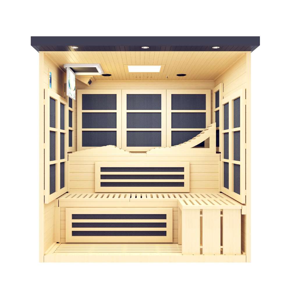 With the front wall removed, Golden Designs 6 Person Near Zero EMF Far IR Sauna Black Edition reveals light hemlock benches and dark carbon heating panels