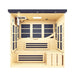 With the front wall removed, Golden Designs 6 Person Near Zero EMF Far IR Sauna Black Edition reveals light hemlock benches and dark carbon heating panels