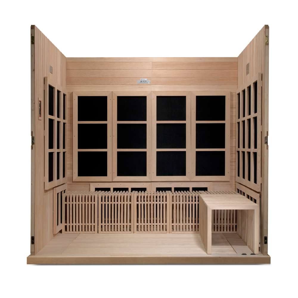 With the front wall removed, Golden Designs Catalonia 8 Person Near Zero EMF Far IR Sauna reveals dark carbon heating panels, slatted backrests and a portable bench
