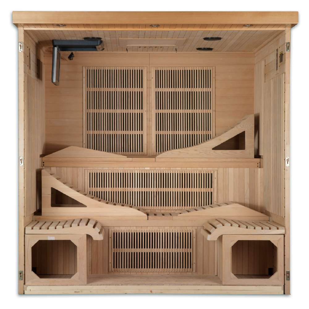 With the front wall removed, Golden Designs Monaco Near Zero EMF Far IR Sauna reveals slatted heating panels, a two-level reclining bench and footrests
