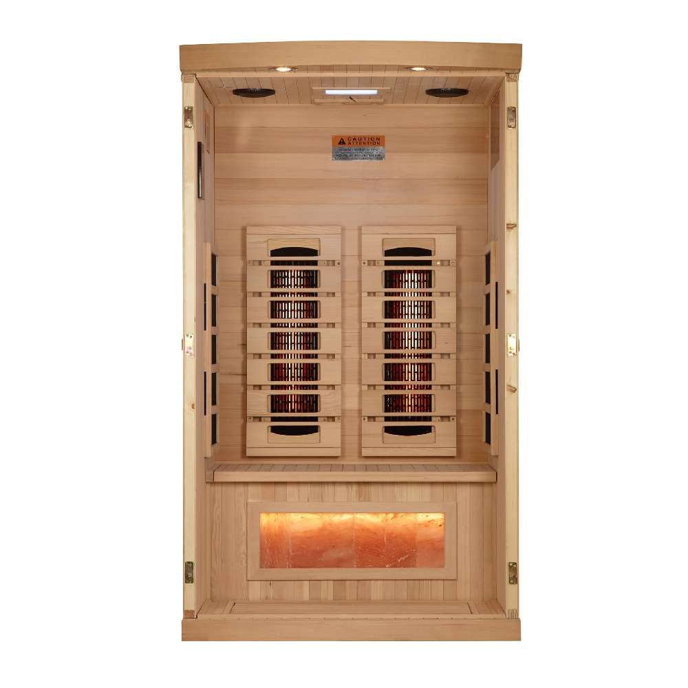 With the front wall removed, Golden Designs Reserve Edition 1 Person Full Spectrum Sauna with Himalayan Salt Bar reveals its carbon panels and a glowing salt bar