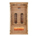With the front wall removed, Golden Designs Reserve Edition 1 Person Full Spectrum Sauna with Himalayan Salt Bar reveals its carbon panels and a glowing salt bar
