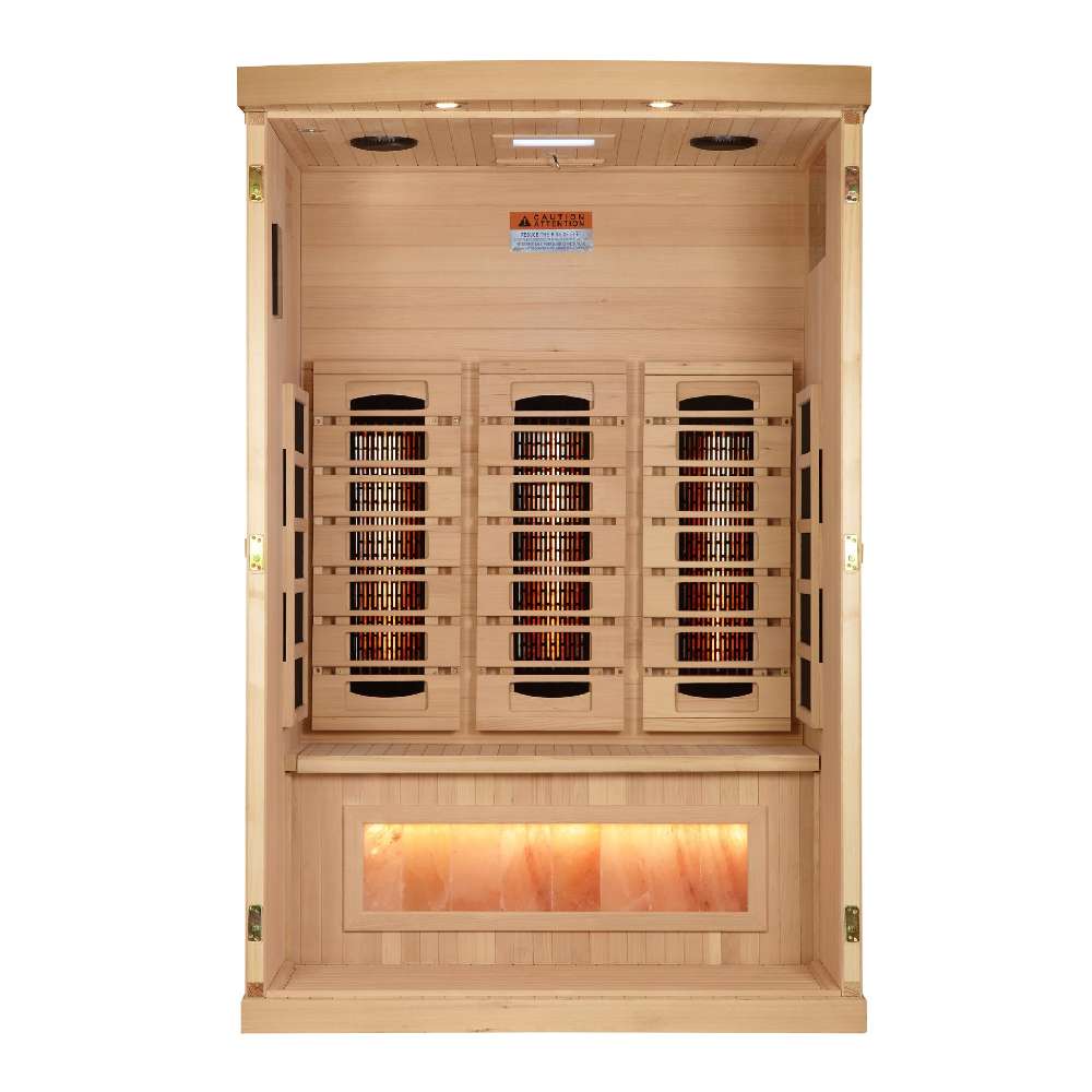 With the front wall removed, Golden Designs Reserve Edition 2 Person Full Spectrum Sauna with Himalayan Salt Bar reveals three carbon panels and a glowing salt bar