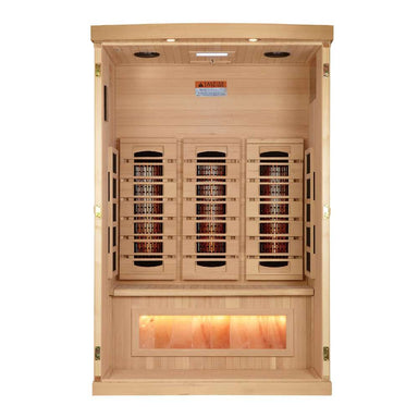 With the front wall removed, Golden Designs Reserve Edition 2 Person Full Spectrum Sauna with Himalayan Salt Bar reveals three carbon panels and a glowing salt bar