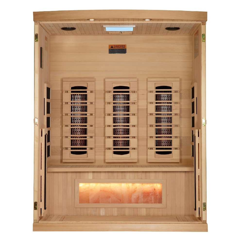 With the front wall removed, Golden Designs Reserve Edition 3 Person Full Spectrum Sauna with Himalayan Salt Bar reveals three carbon panels and a glowing salt bar