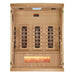 With the front wall removed, Golden Designs Reserve Edition 3 Person Full Spectrum Sauna with Himalayan Salt Bar reveals three carbon panels and a glowing salt bar