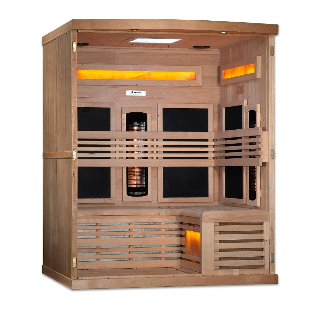 With the front wall removed, Golden Designs Reserve Edition 3 Person Near Zero EMF Full Spectrum Sauna with Himalayan Salt Bar reveals a glowing salt bar, carbon panels and an L-shaped bench