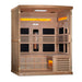With the front wall removed, Golden Designs Reserve Edition 3 Person Near Zero EMF Full Spectrum Sauna with Himalayan Salt Bar reveals a glowing salt bar, carbon panels and an L-shaped bench