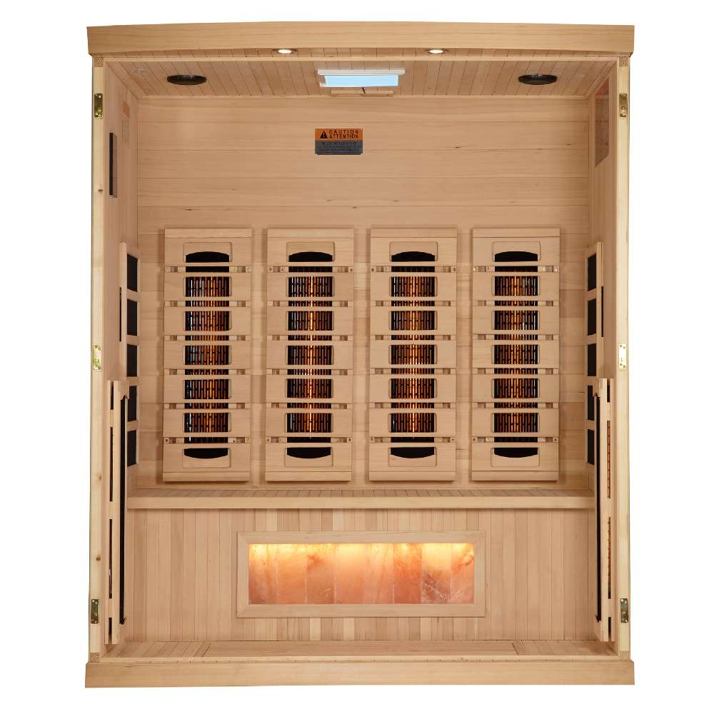 With the front wall removed, Golden Designs Reserve Edition 4 Person Full Spectrum Sauna with Himalayan Salt Bar reveals its carbon panels and a glowing salt bar