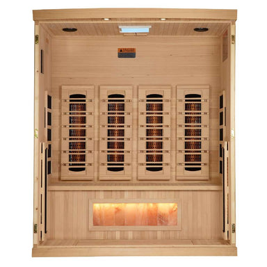 With the front wall removed, Golden Designs Reserve Edition 4 Person Full Spectrum Sauna with Himalayan Salt Bar reveals its carbon panels and a glowing salt bar