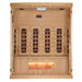 With the front wall removed, Golden Designs Reserve Edition 4 Person Full Spectrum Sauna with Himalayan Salt Bar reveals its carbon panels and a glowing salt bar