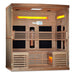 With the front wall removed, Golden Designs Reserve Edition 6 Person Near Zero EMF Full Spectrum Sauna with Himalayan Salt Bar reveals a glowing salt bar, black carbon panels and a heater tube