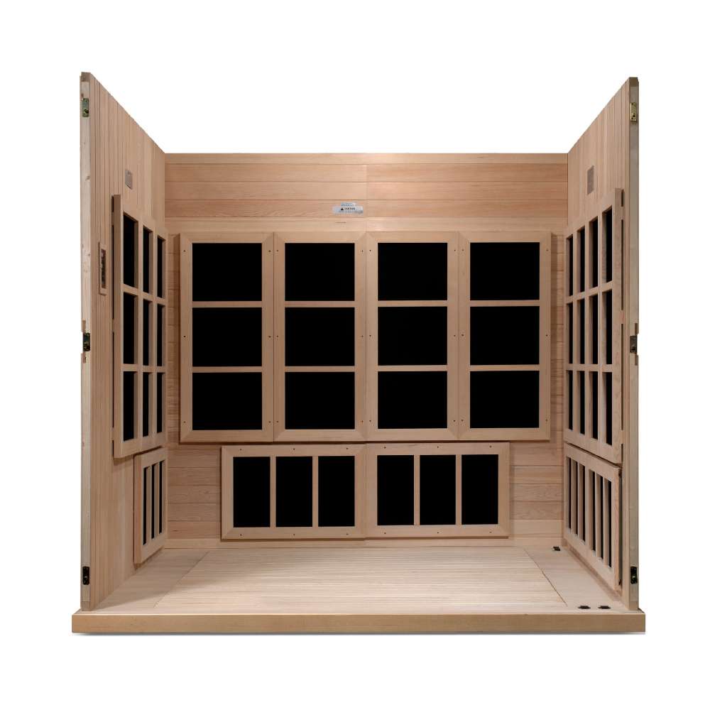 With the front wall removed and benches taken out, Golden Designs Catalonia 8 Person Near Zero EMF Far IR Sauna shows an open floor surrounded by carbon heating panels