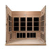 With the front wall removed and benches taken out, Golden Designs Catalonia 8 Person Near Zero EMF Far IR Sauna shows an open floor surrounded by carbon heating panels