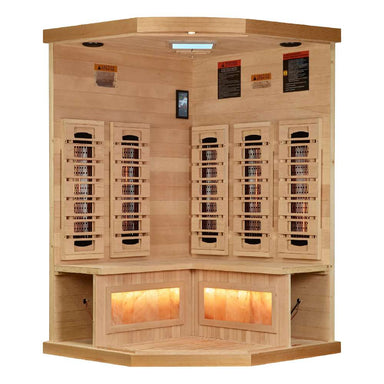 With the front walls removed, Golden Designs 2025 Reserve Edition 3 Person Full Spectrum Sauna with Himalayan Salt Bar reveals angled carbon panels, wall heaters and glowing salt bars