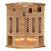 With the front walls removed, Golden Designs 2025 Reserve Edition 3 Person Full Spectrum Sauna with Himalayan Salt Bar reveals angled carbon panels, wall heaters and glowing salt bars