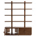 With two cabinet doors open, Crate & Barrel Steppe 68" Walnut Storage Bookcase Room Divider reveals spacious enclosed storage below the shelves