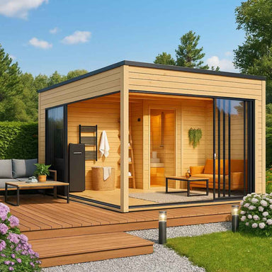 With a scenic mountain backdrop and elegant wood deck, the GardenHouse24 USA Q Bic ALU 70F Sauna Garden Room offers a serene outdoor retreat