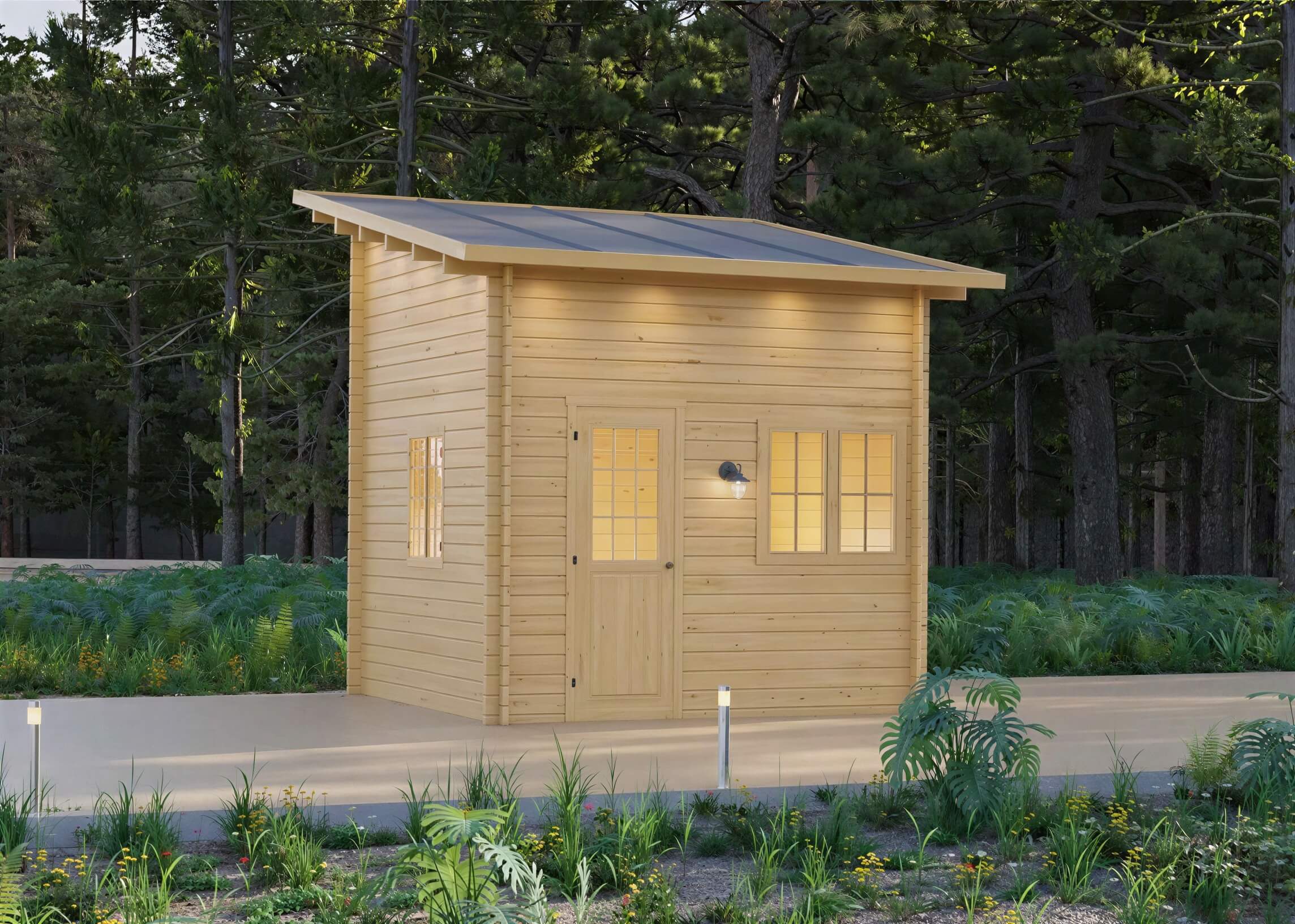 With its angled roof and multiple windows, the Sawmill Structures Cube Loft 100 Garden Room offers a modern yet rustic escape into nature