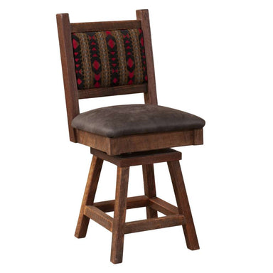 With its soft seat and rustic finish, this angled view highlights the Fireside Lodge Barnwood Colonial Swivel Barstool