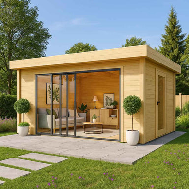 With large glass doors and a cozy interior, this inviting GardenHouse24 USA ALU Concept 70I Garden Room sits beautifully in a green backyard