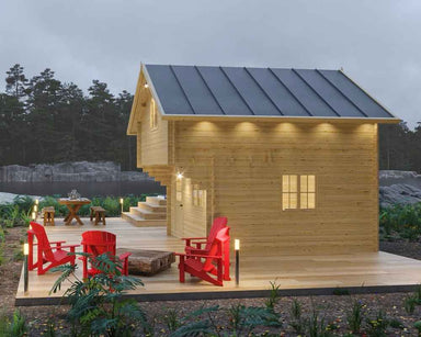 With modern lighting and vibrant red chairs, the Sawmill Structures The Jumbo Grand Loft 130 SD Garden Room offers a stylish and inviting outdoor space at dusk
