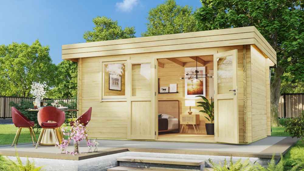 With open doors and visible indoor decor, the GardenHouse24 USA Miriam 44A Classic Garden Room appears warm and inviting in a landscaped backyard