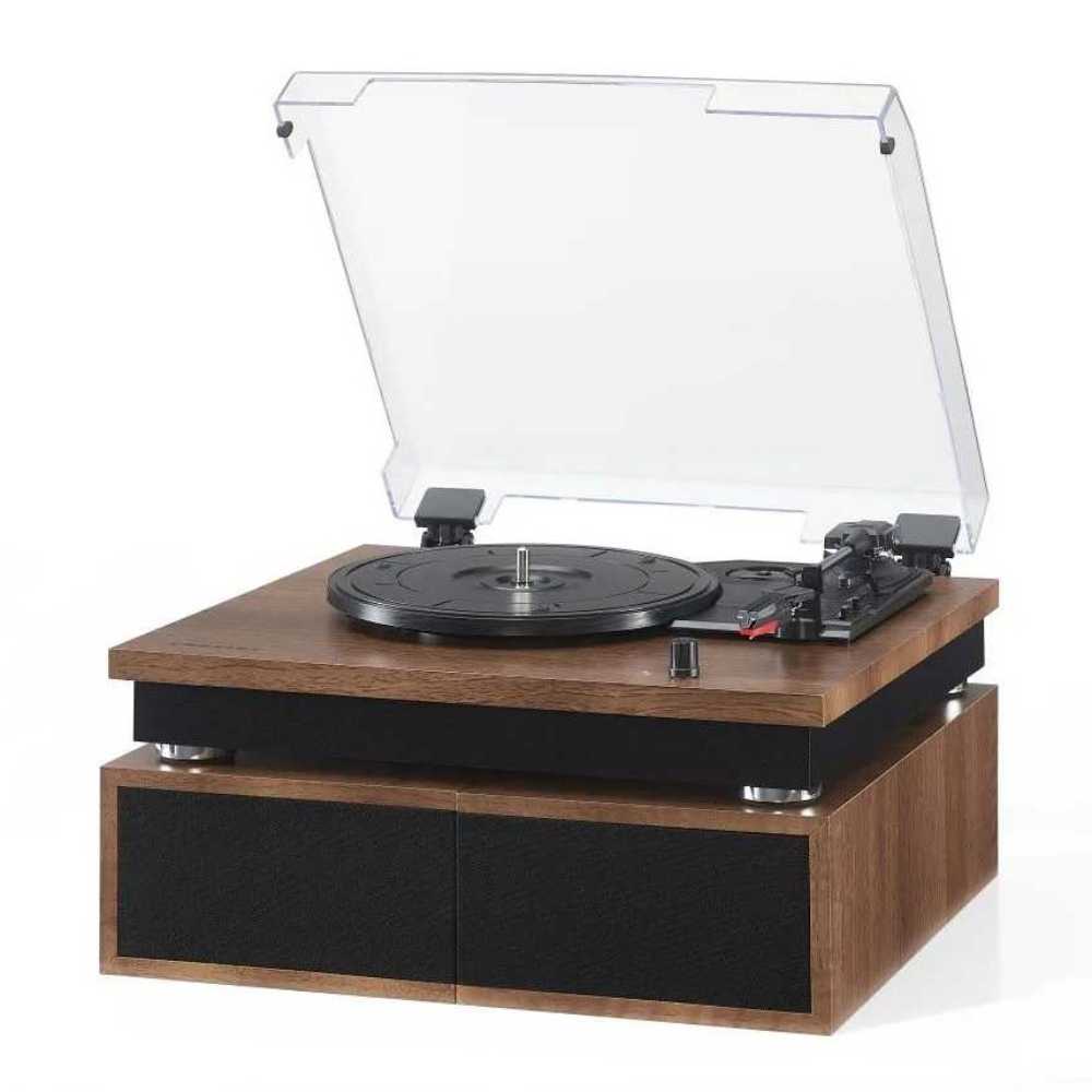 With a dust cover open, the Crosley Riff Record Player With Speakers - Walnut displays a walnut wood finish and stacked speakers