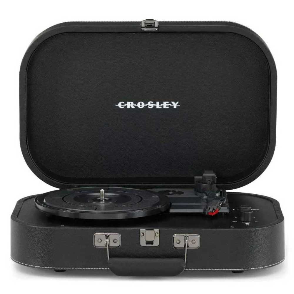 With a sleek black suitcase-style design, the Crosley Discovery Portable Turntable with Bluetooth Out - Black is shown closed, featuring silver latches