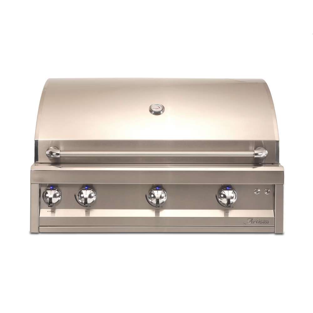 With its hood closed, the Alfresco Grills Artisan Professional 42” Built-In Grill, 3 Burner showcases a sleek stainless steel finish