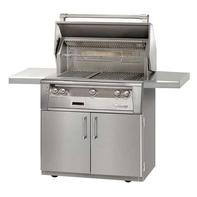 With its hood open, the Alfresco Grills 36″ Luxury Grill Standard Cart Model reveals a spacious cooking surface, warming rack, and rotisserie burner