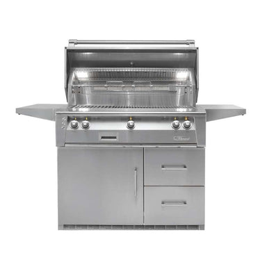 With its hood open, the Alfresco Grills 42 Luxury Grill Refrigerated Cart Model reveals a spacious grilling area, interior lighting, and high-quality stainless steel grates