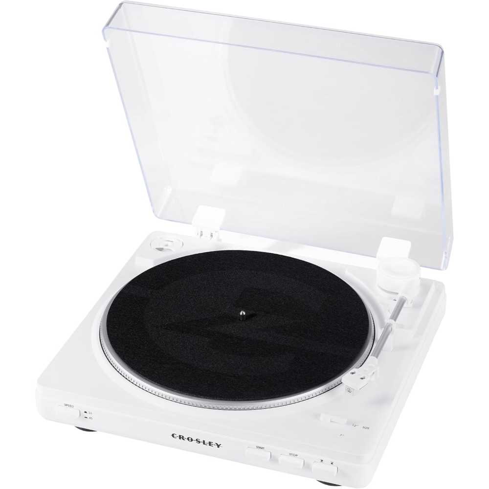 With its transparent dust cover open, the Crosley T400D Component Bluetooth Turntable - White is shown with a minimalist and functional layout