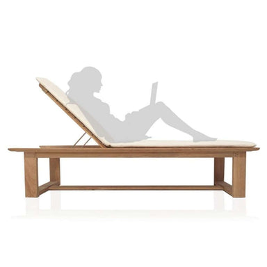 Wooden Westminster Teak Horizon High Chaise Lounger with a cream cushion is shown from the side, featuring a person silhouette reclining comfortably with a laptop