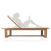 Wooden Westminster Teak Horizon High Chaise Lounger with a cream cushion is shown from the side, featuring a person silhouette reclining comfortably with a laptop