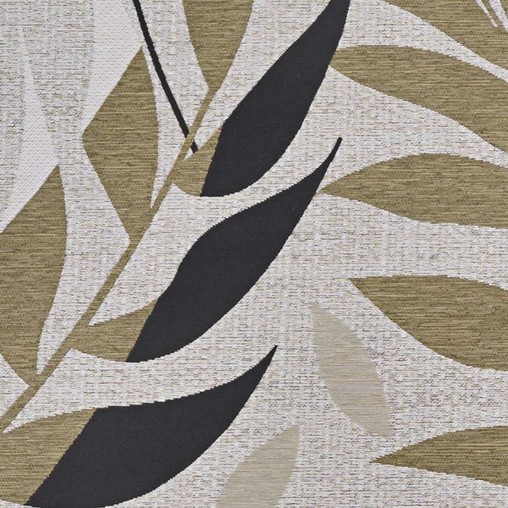 Zoomed-in of Couristan Dolce Indoor/Outdoor Rug - Aralia/Naturals-Cool Onyx displays overlapping leaves in natural shades of beige, taupe, and black