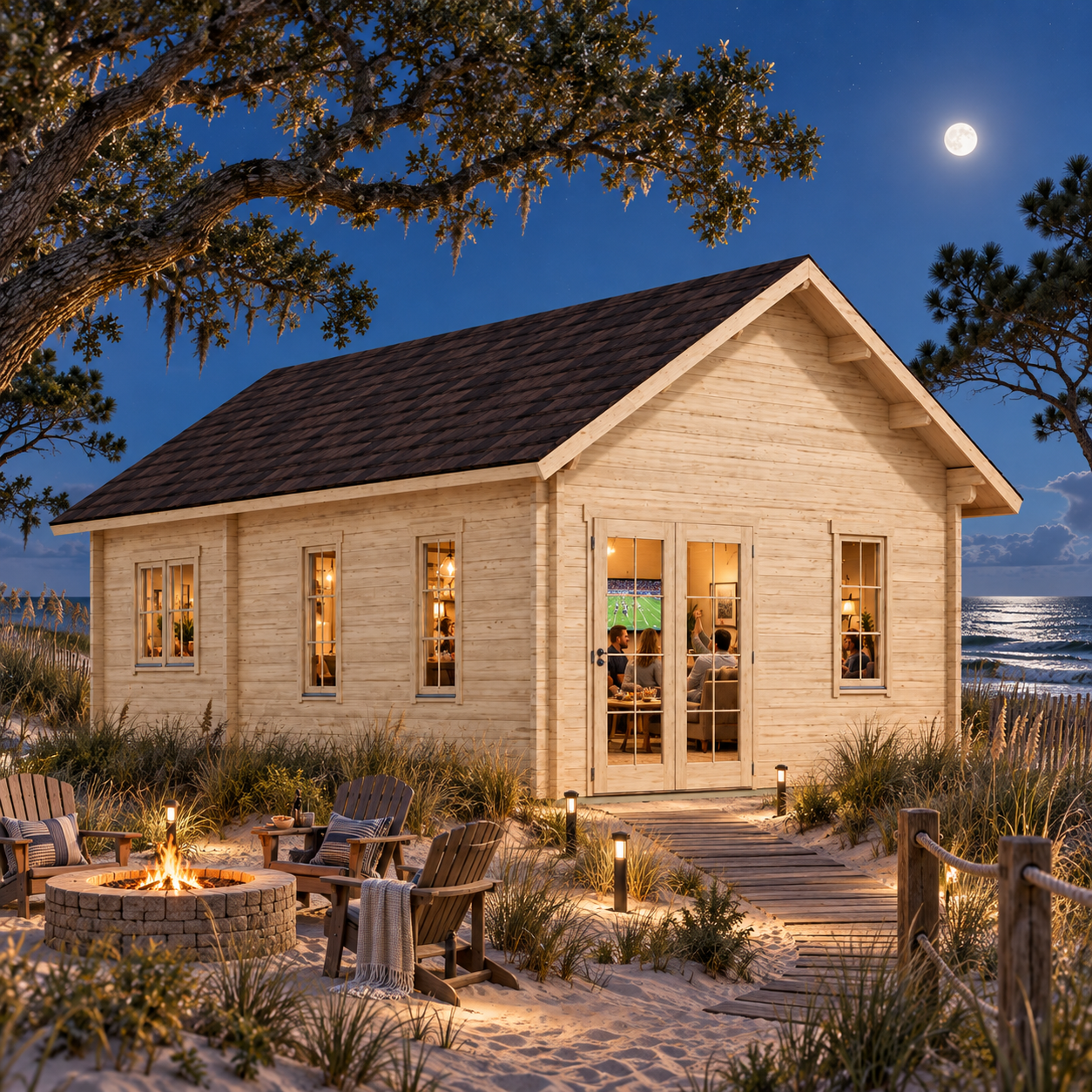 Light wood Farum 70 cabin at night with a fire pit, wooden chairs, and a boardwalk on a beach under a full moon.