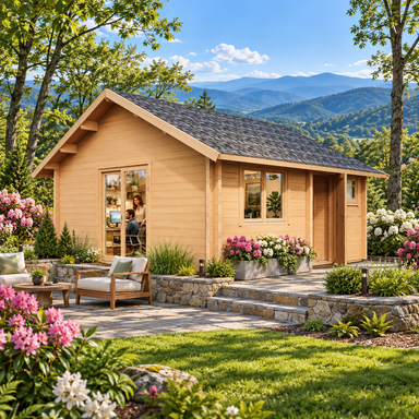Small wood cabin with a shingle roof, stone patio, and flowers, set against a mountain landscape.