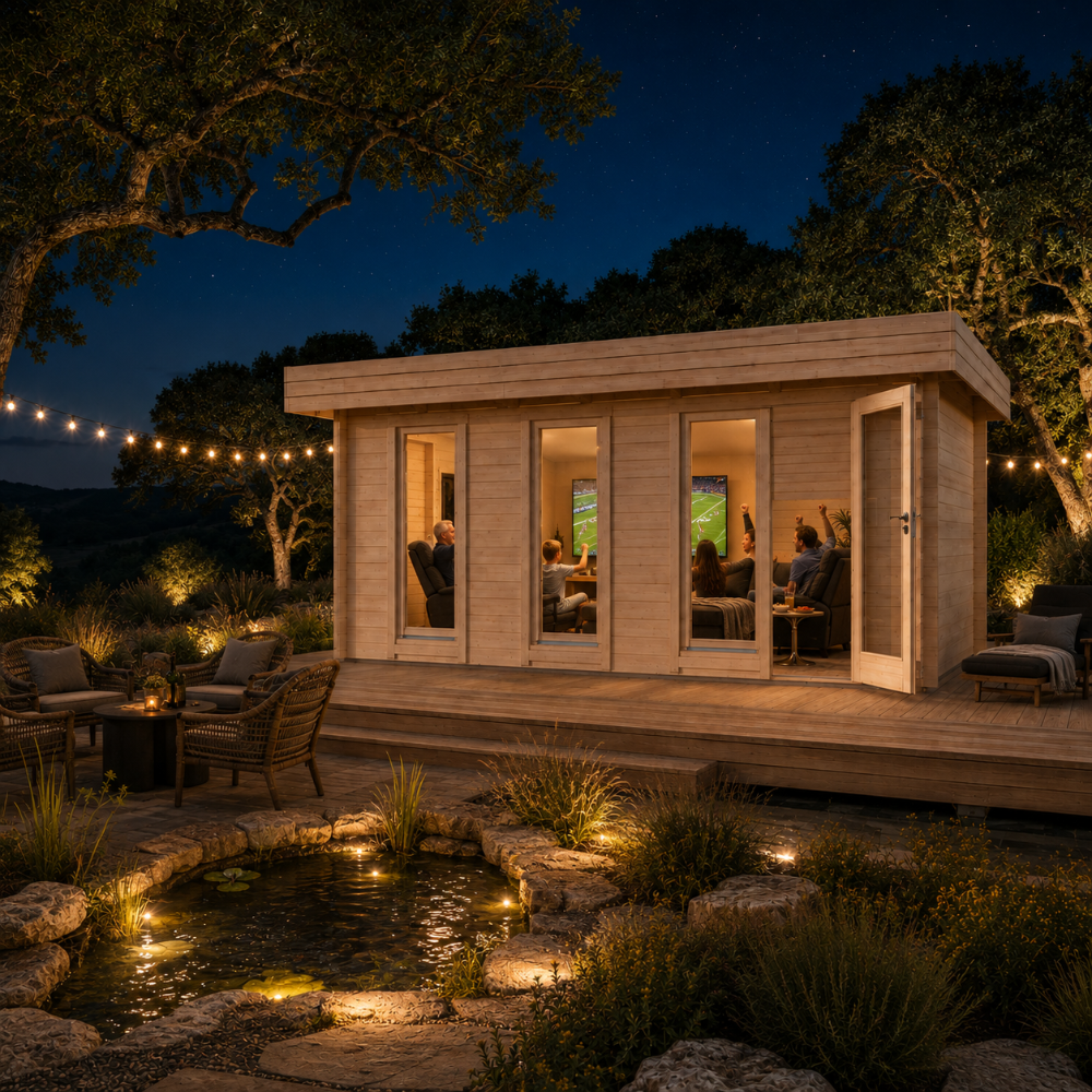 Rectangular wood studio with glass doors on a deck at night, featuring people inside and a stone pond in the foreground.