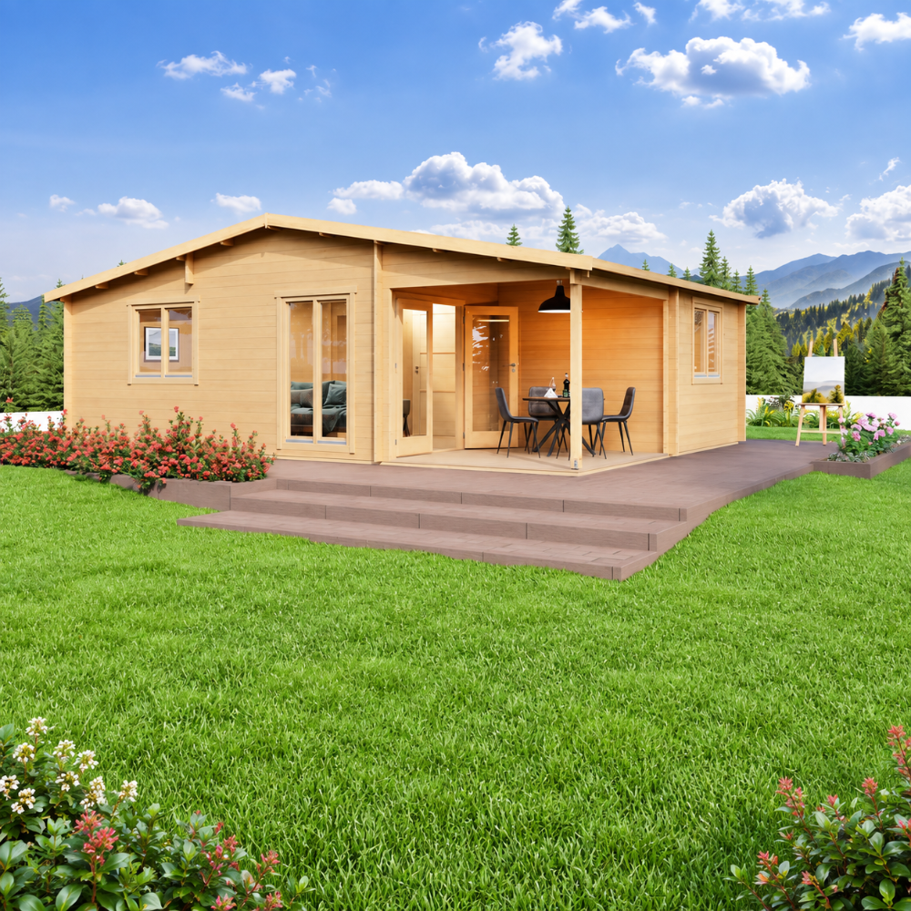 Skanderborg 70 wooden garden room with a covered outdoor dining patio, surrounded by flowering gardens, evergreen trees and scenic mountains.