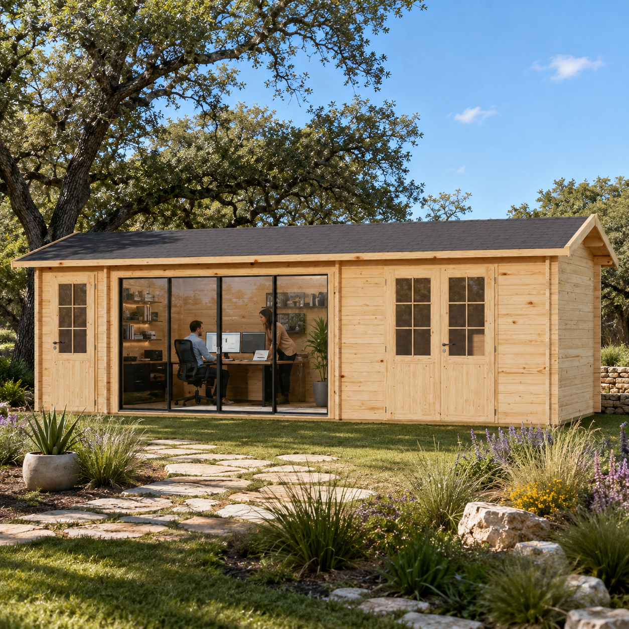 Rectangular light wood cabin with a black gabled roof, large glass windows, and double doors on a grassy lawn.