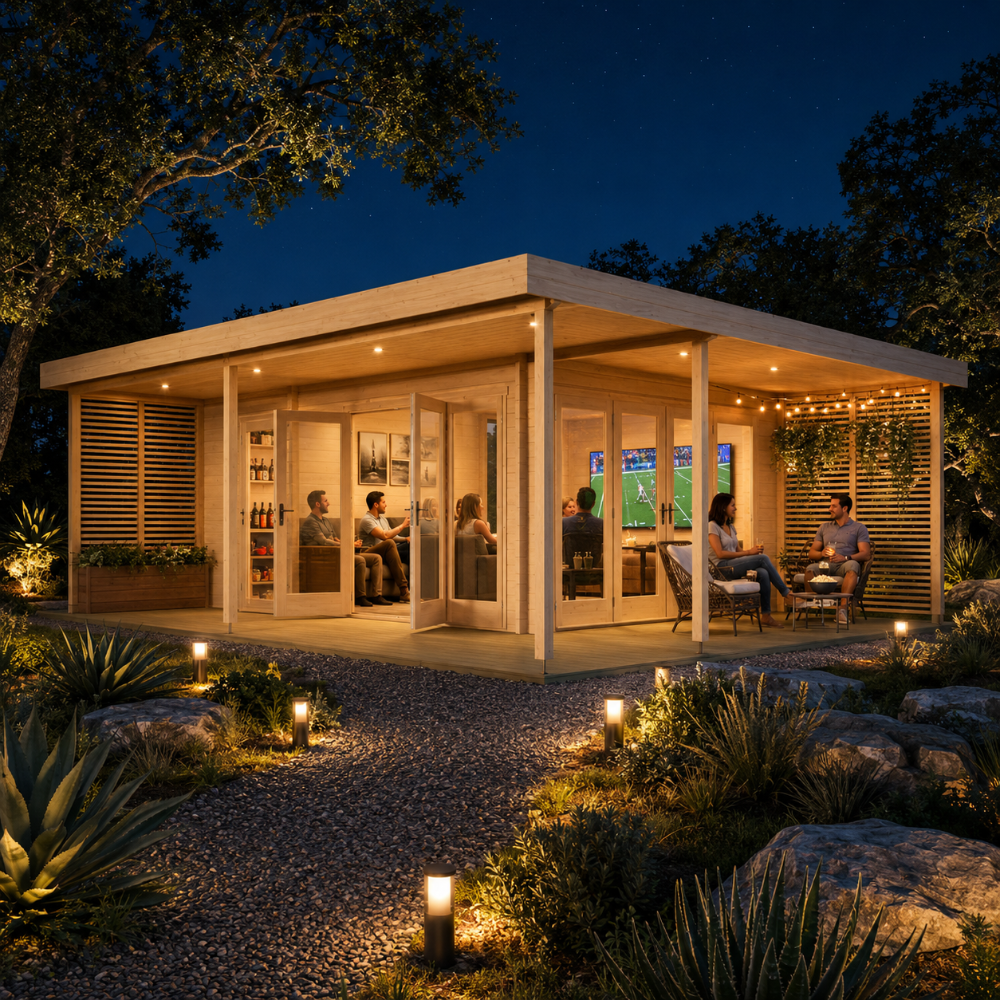 Light wood Kilian 70 Freedom Suite with glass doors and a lit patio at night, surrounded by trees and a gravel path.