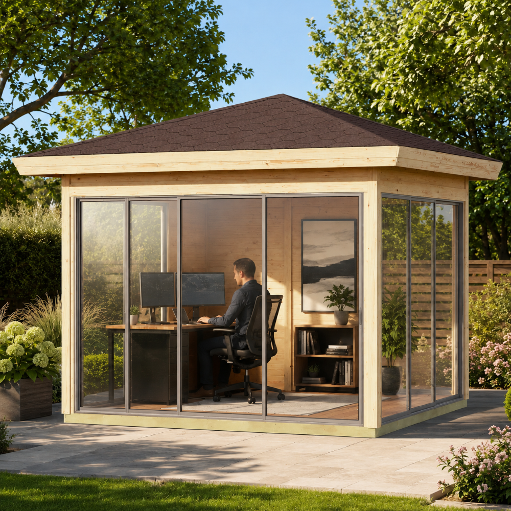 Square wood and glass pavilion with a dark shingle roof, used as a home office with a desk and chair inside.