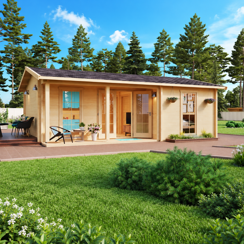 Lilja 70 wooden garden room with a covered patio and glass entrance, surrounded by a manicured lawn, evergreen shrubs and tall pine trees.