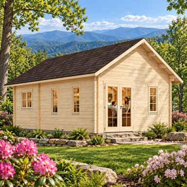 Light wood Farum 70 cabin with a dark gabled roof, glass doors, and windows set in a garden with mountain views.